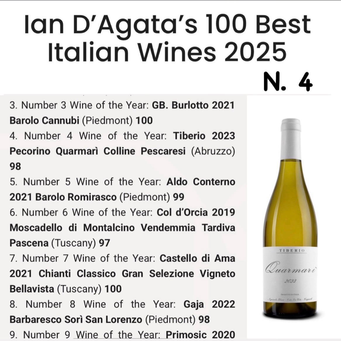 Ian D’Agata migliori 100 vini italiani 2025 Pecorino Quarmari 2023